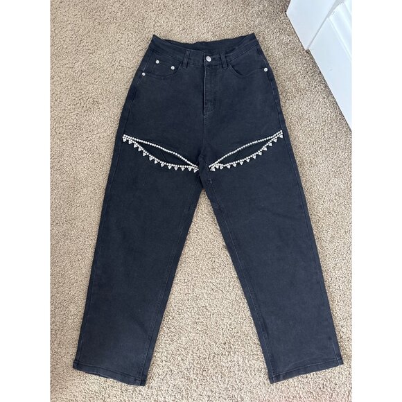 Amazon Denim - Amazon Black High-Waisted Jeans With Rhinestone Fringe Thigh Slit, new w tags